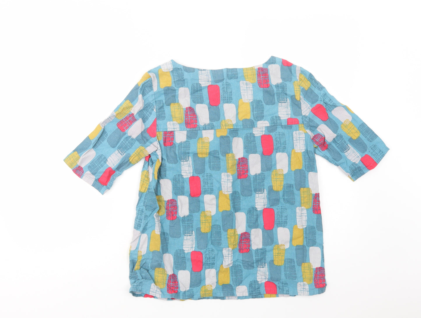 Lily & Me Womens Blue Geometric Linen Basic Blouse Size 10 Round Neck