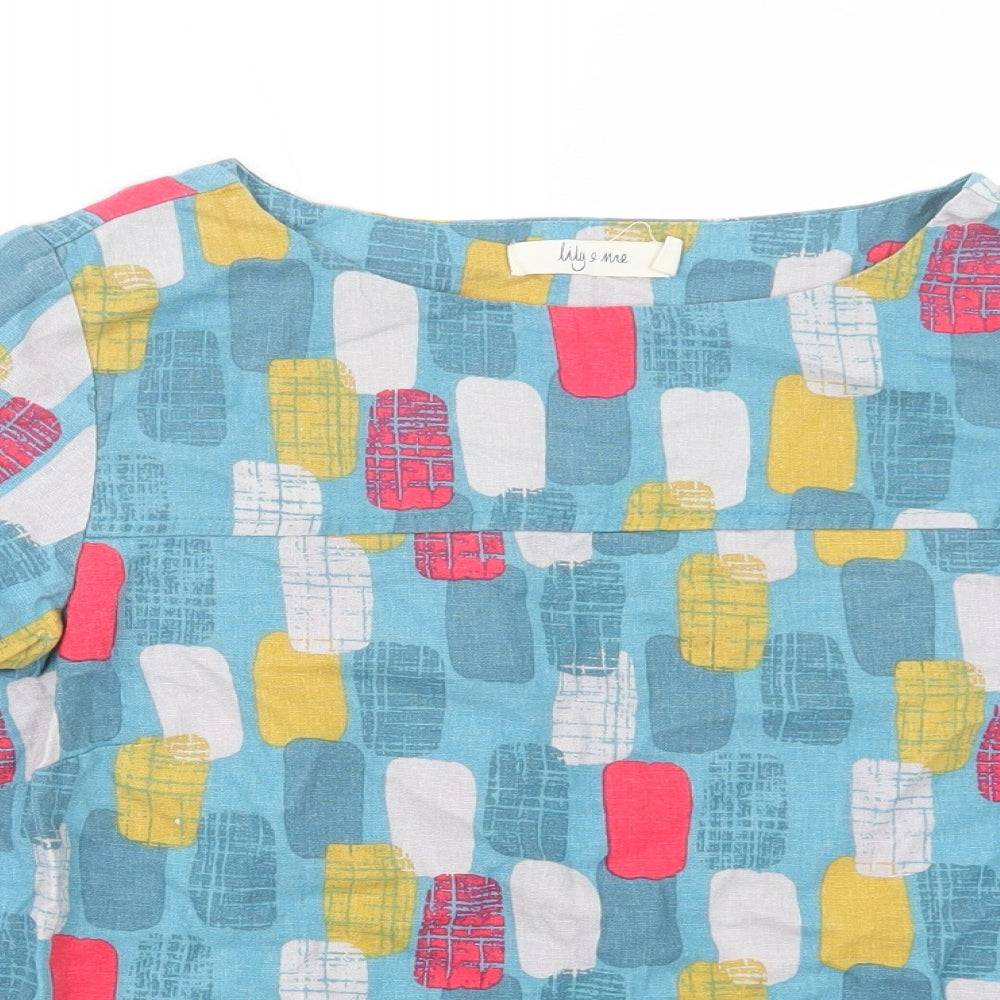 Lily & Me Womens Blue Geometric Linen Basic Blouse Size 10 Round Neck