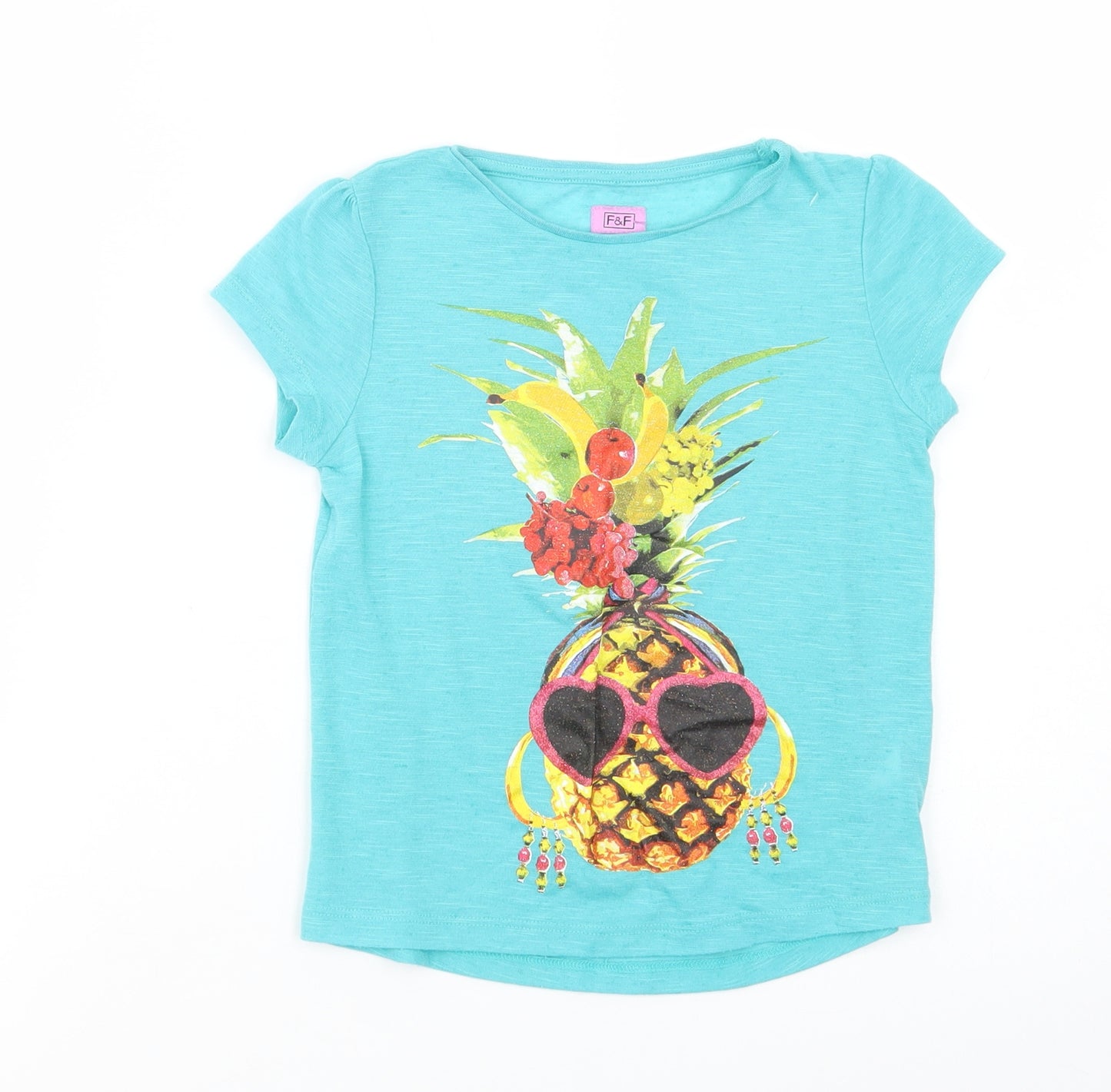 F&F Girls Green  Polyester Pullover T-Shirt Size 5-6 Years Crew Neck Pullover - Pineapple