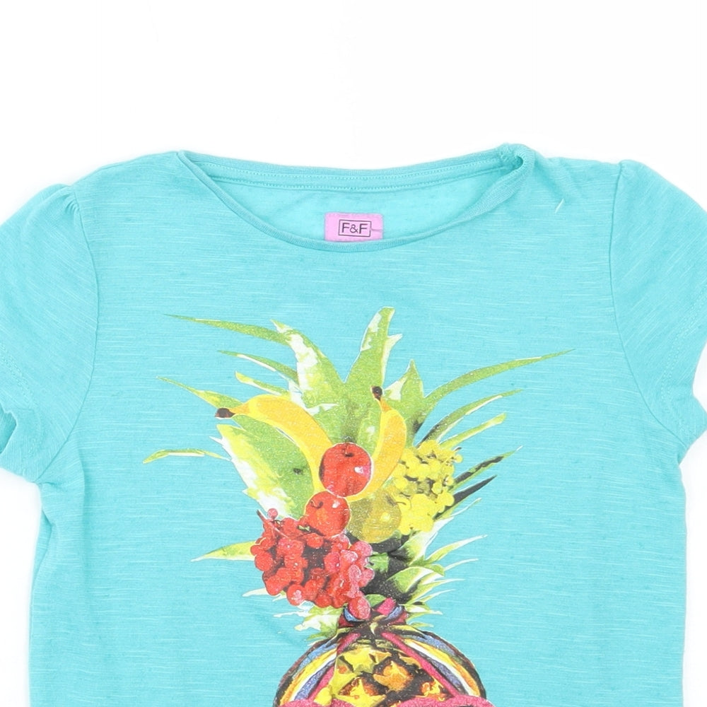 F&F Girls Green  Polyester Pullover T-Shirt Size 5-6 Years Crew Neck Pullover - Pineapple
