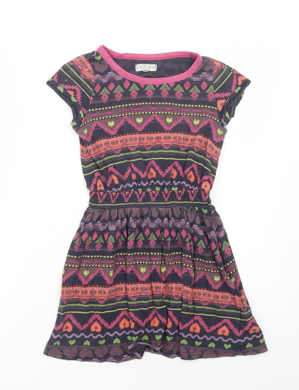 Marks and Spencer Girls Purple Geometric Cotton T-Shirt Dress  Size 7-8 Years  Crew Neck Pullover
