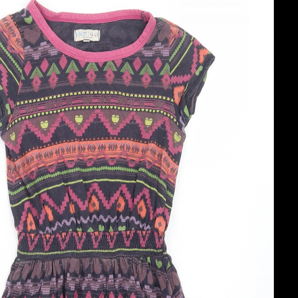 Marks and Spencer Girls Purple Geometric Cotton T-Shirt Dress  Size 7-8 Years  Crew Neck Pullover