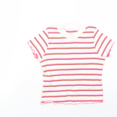 Marks  Girls White Striped Cotton Basic T-Shirt Size 7-8 Years Crew Neck Pullover