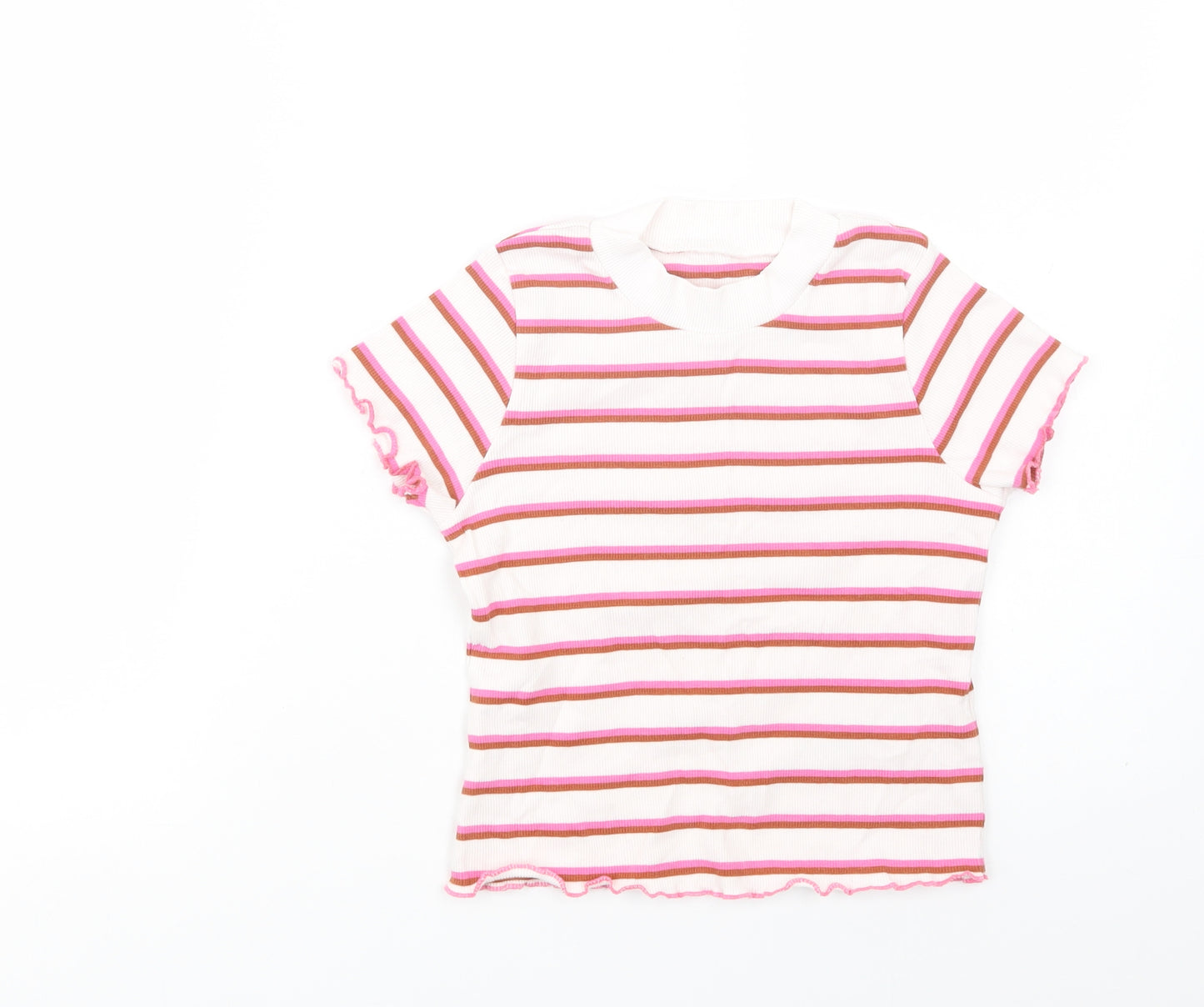 Marks  Girls White Striped Cotton Basic T-Shirt Size 7-8 Years Crew Neck Pullover