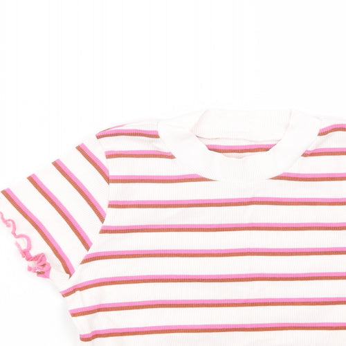 Marks  Girls White Striped Cotton Basic T-Shirt Size 7-8 Years Crew Neck Pullover