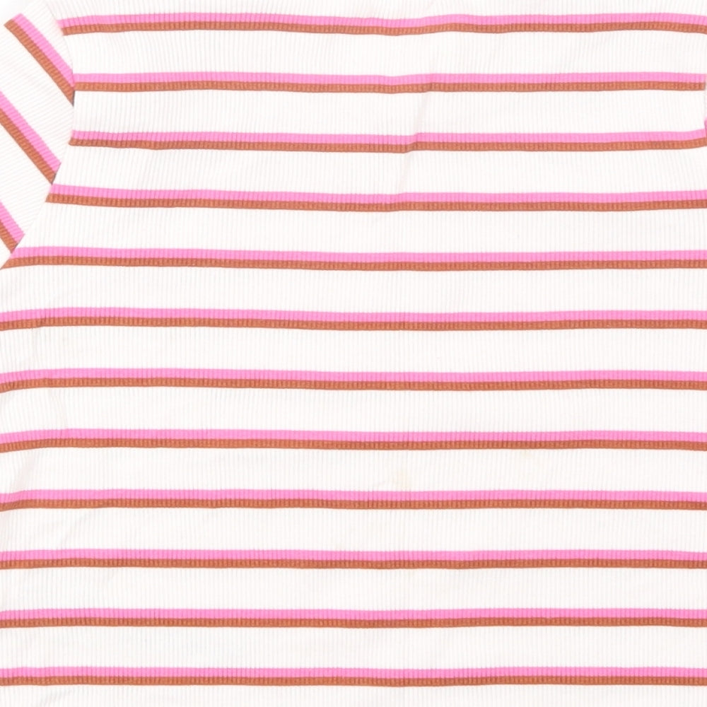 Marks  Girls White Striped Cotton Basic T-Shirt Size 7-8 Years Crew Neck Pullover