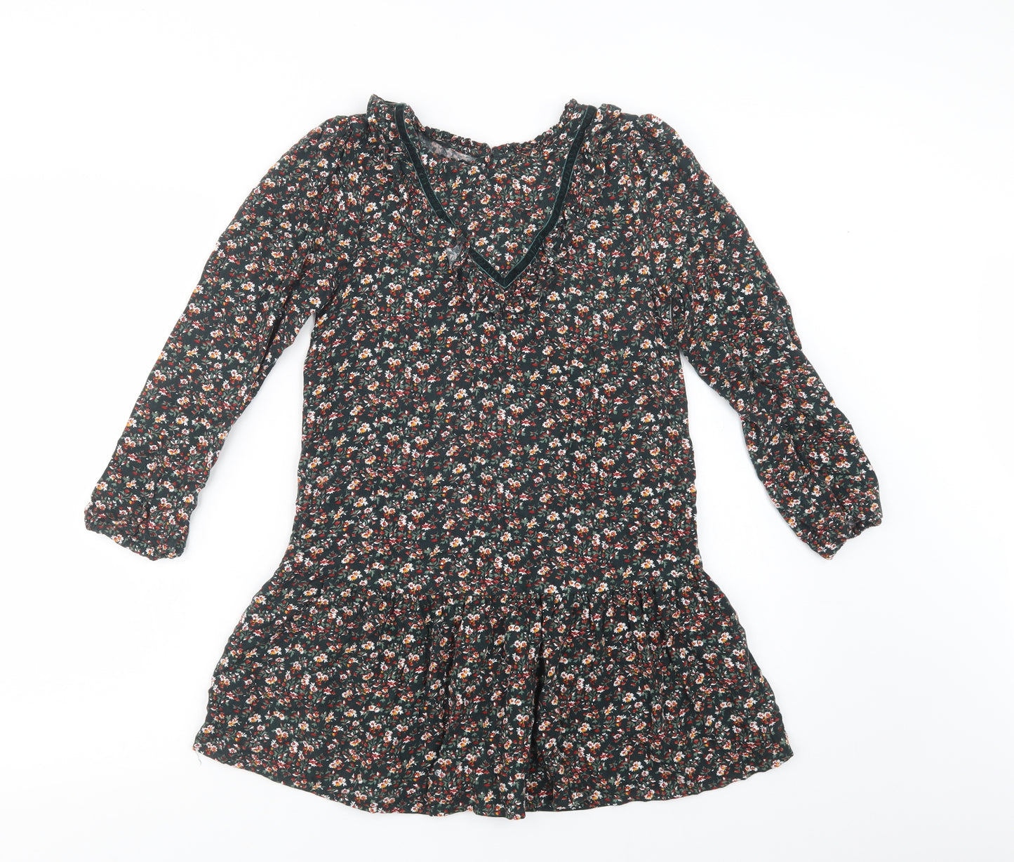 F&F Girls Green Floral Viscose A-Line  Size 10-11 Years  Crew Neck Button