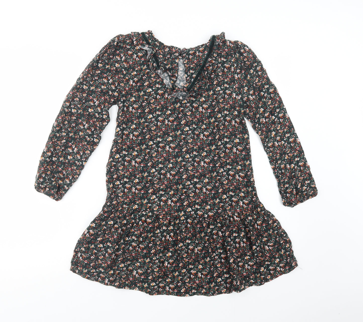 F&F Girls Green Floral Viscose A-Line  Size 10-11 Years  Crew Neck Button
