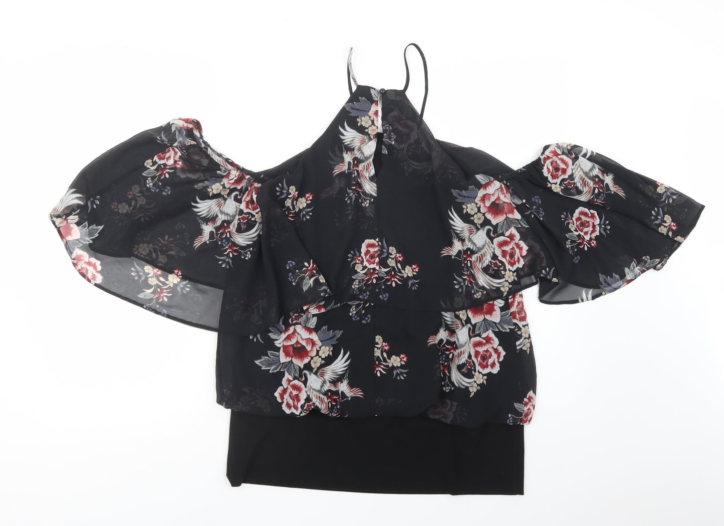 Julien Macdonald Womens Black Floral Polyester Basic Blouse Size 14 High Neck - Cold Shoulder