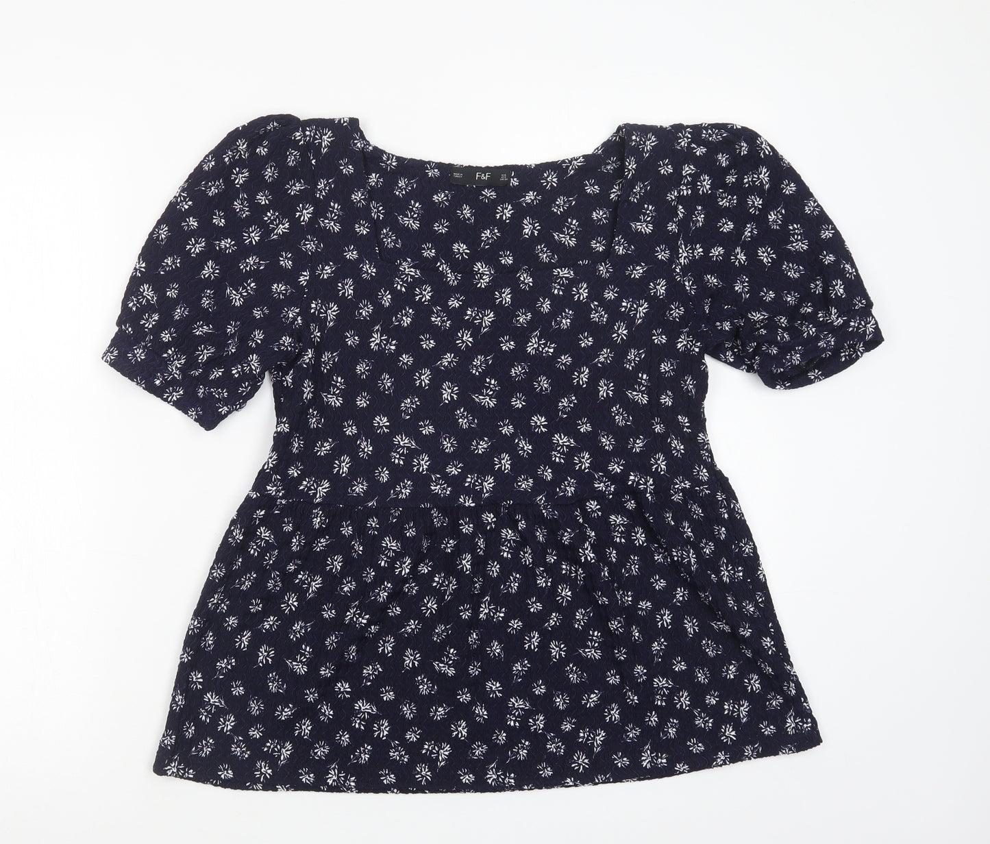 F&F Womens Blue Floral Polyester Basic Blouse Size 6 Square Neck