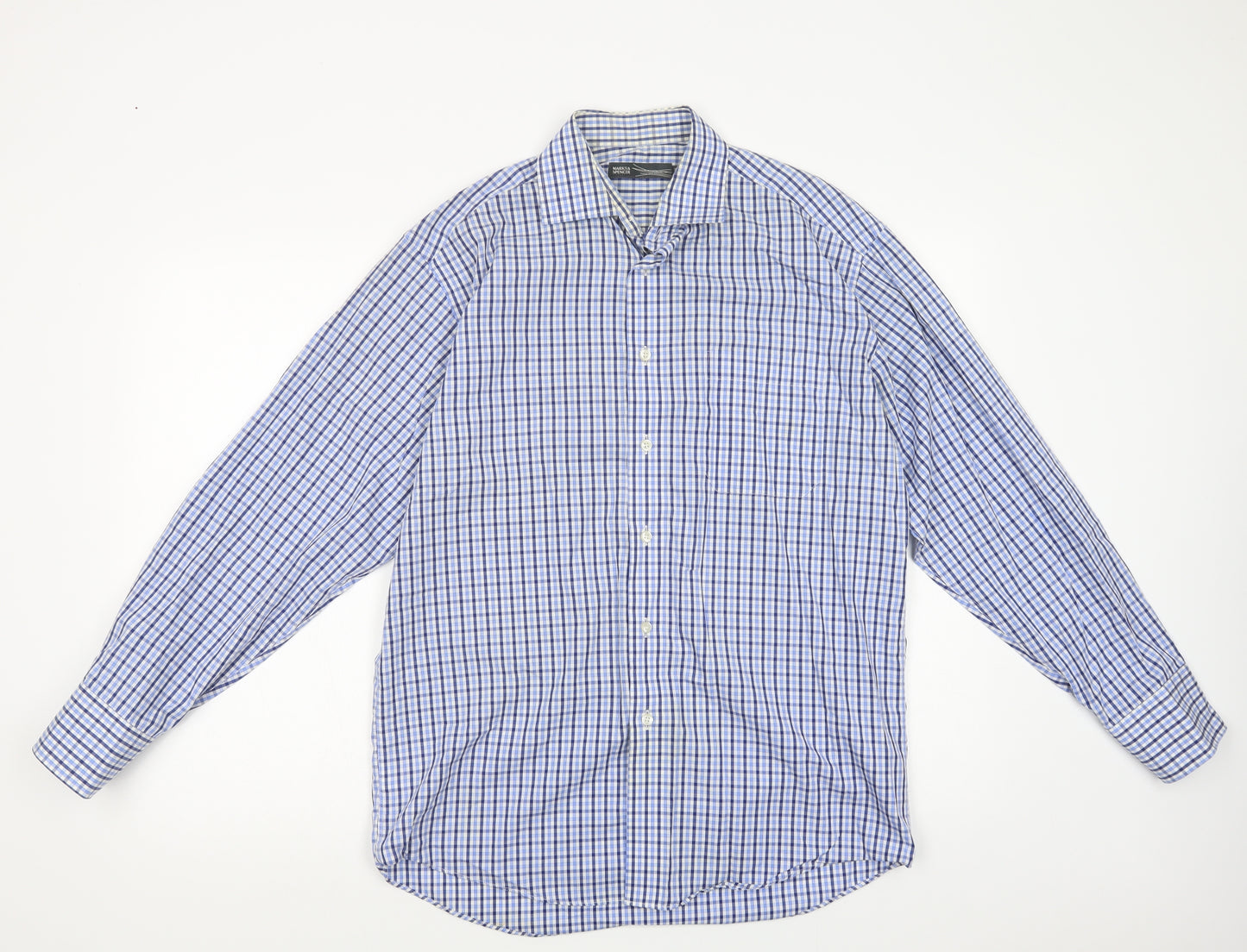Marks and Spencer Mens Blue Plaid Cotton  Dress Shirt Size 15 Collared Button