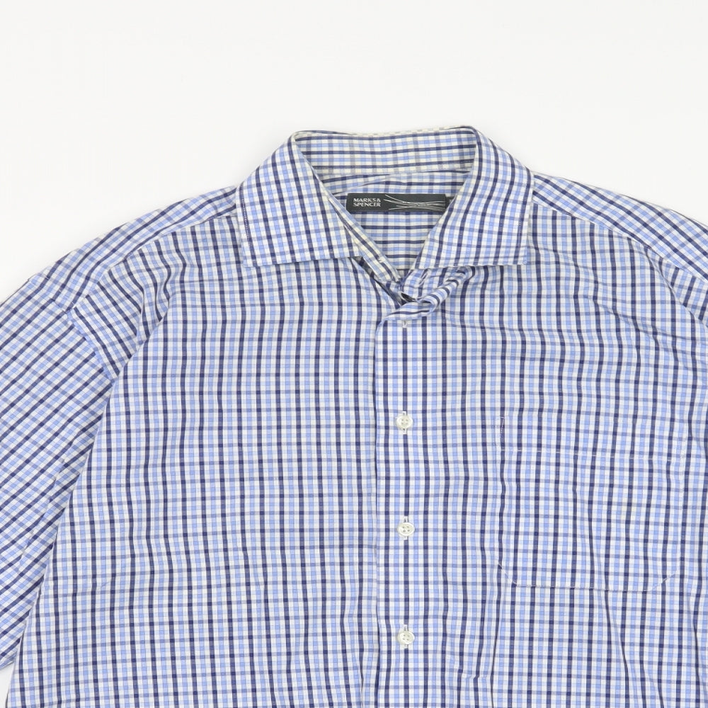 Marks and Spencer Mens Blue Plaid Cotton  Dress Shirt Size 15 Collared Button