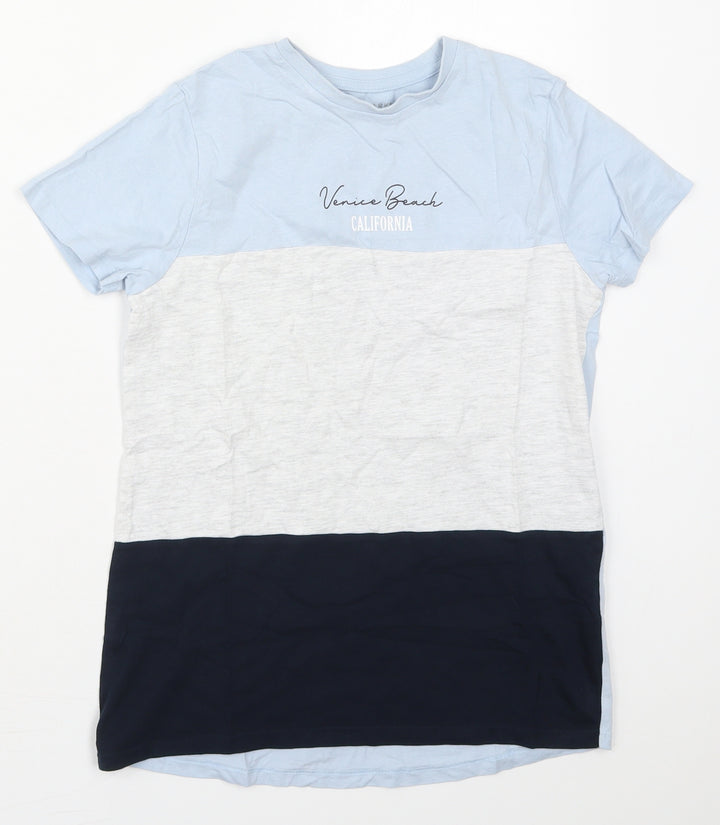 Primark Boys Blue Colourblock Cotton Basic T-Shirt Size 10-11 Years Crew Neck Pullover - Venice Beach California