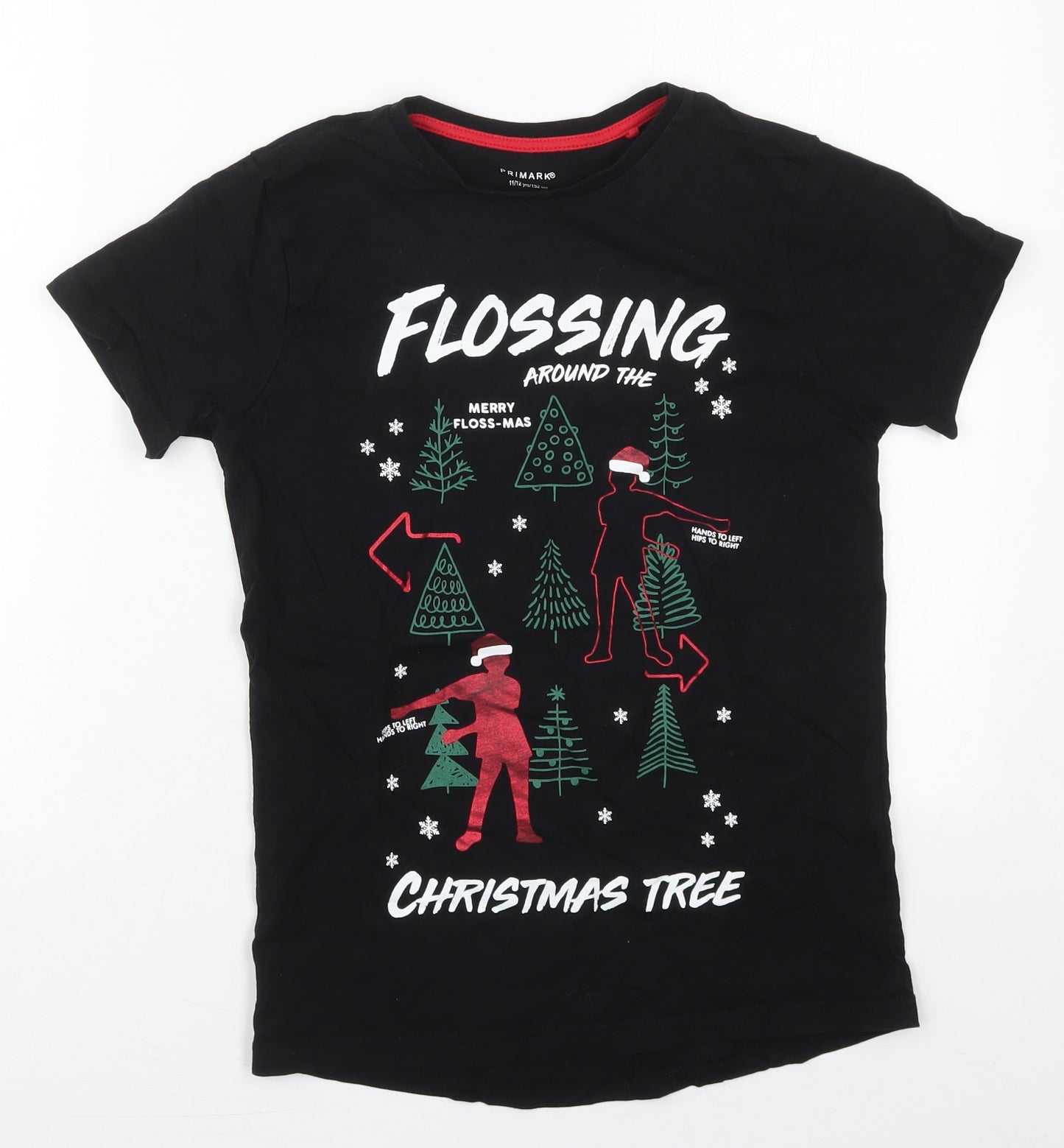 Primark Boys Black  Cotton Basic T-Shirt Size 11-12 Years Crew Neck Pullover - Flossing Around the Christmas Tree