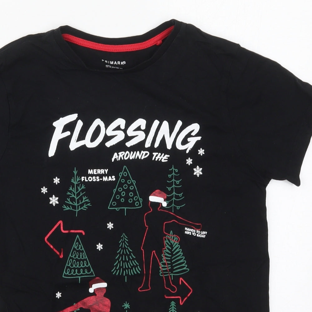 Primark Boys Black  Cotton Basic T-Shirt Size 11-12 Years Crew Neck Pullover - Flossing Around the Christmas Tree