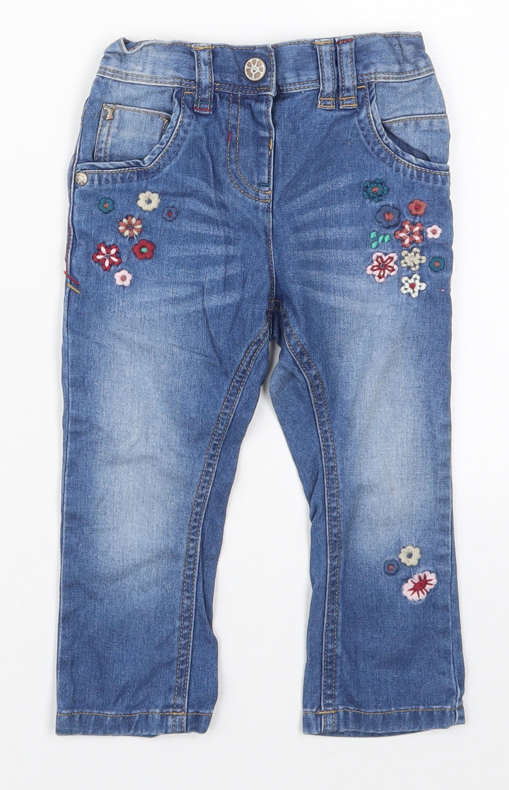 NEXT Girls Blue Floral Cotton Capri Jeans Size 12-18 Months  Button
