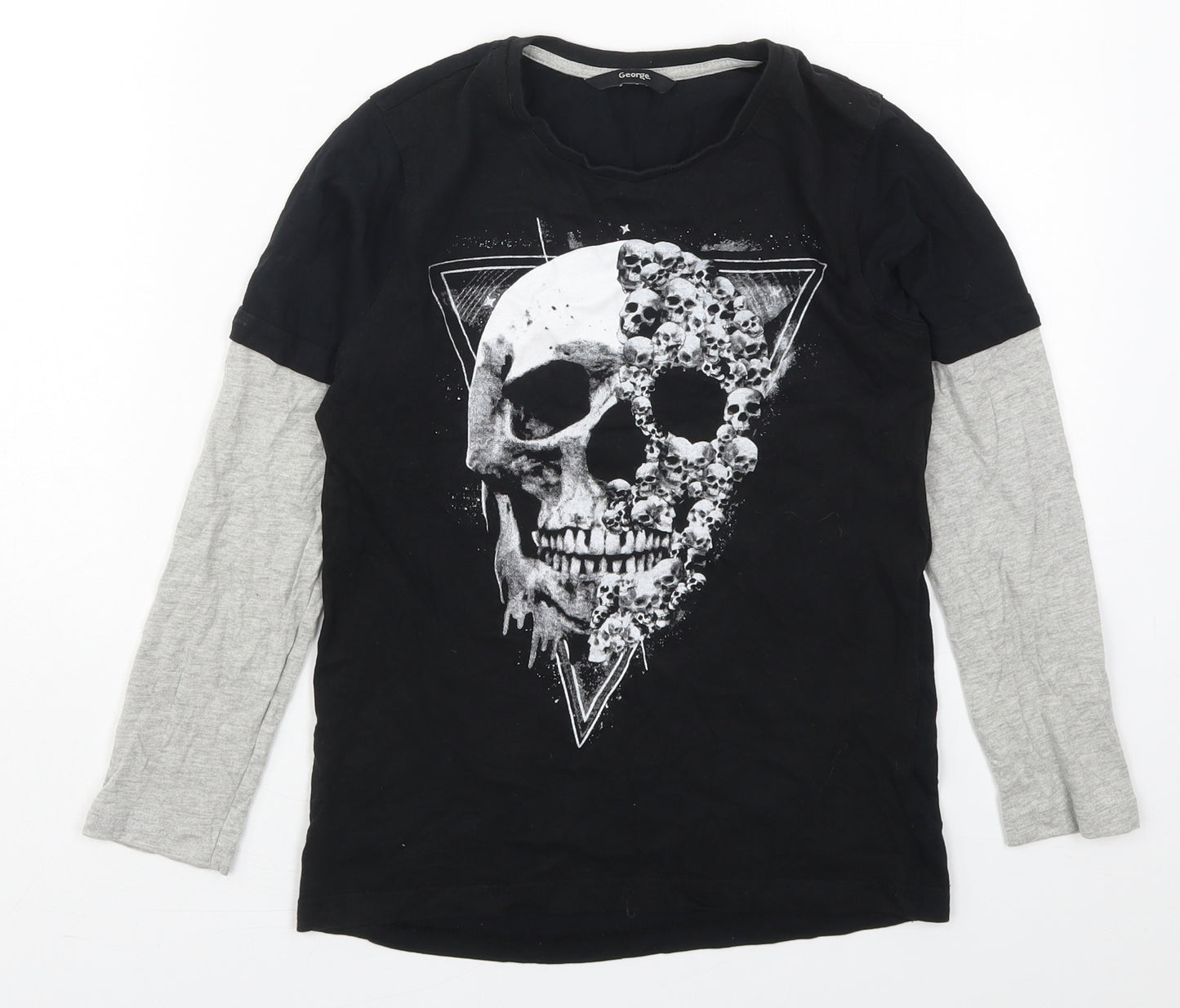 George Boys Black  Cotton Basic T-Shirt Size 10-11 Years Crew Neck Pullover - Skull
