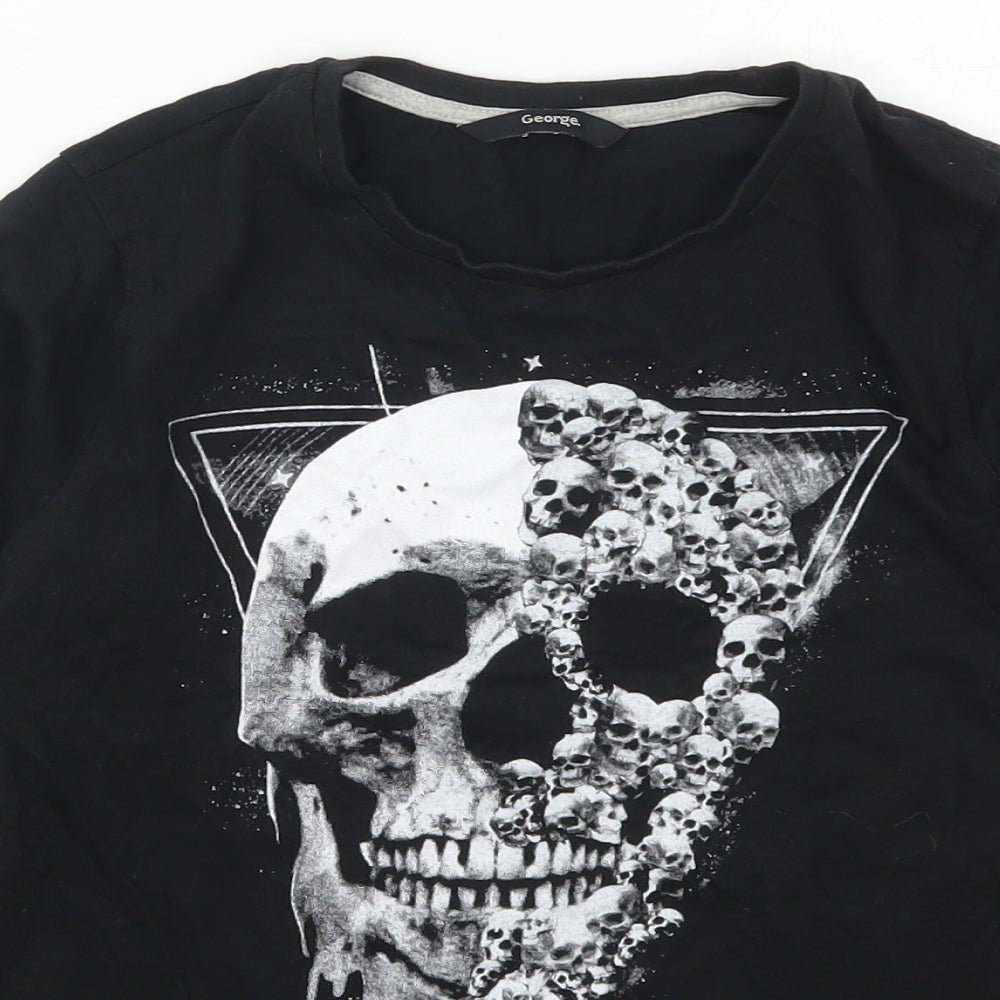 George Boys Black  Cotton Basic T-Shirt Size 10-11 Years Crew Neck Pullover - Skull