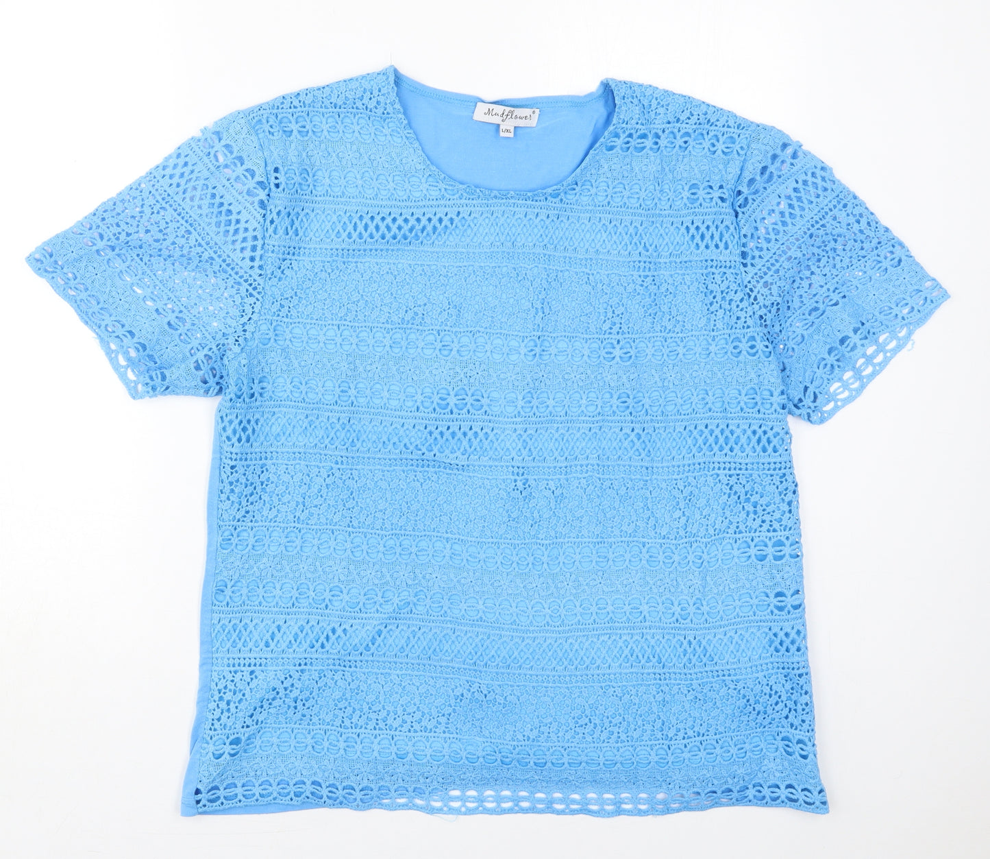 Mudflower Womens Blue  Polyester Basic T-Shirt Size L Round Neck