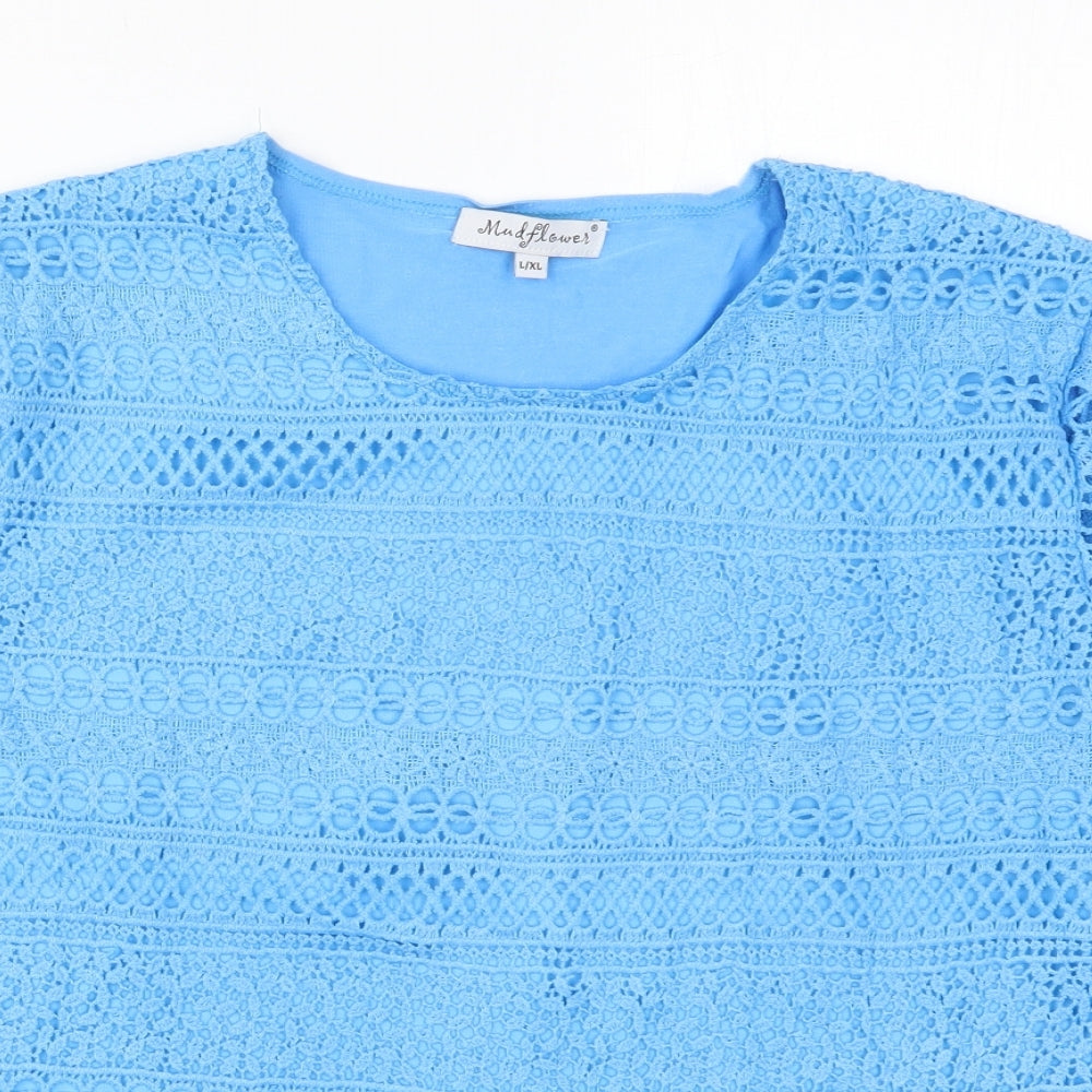Mudflower Womens Blue  Polyester Basic T-Shirt Size L Round Neck