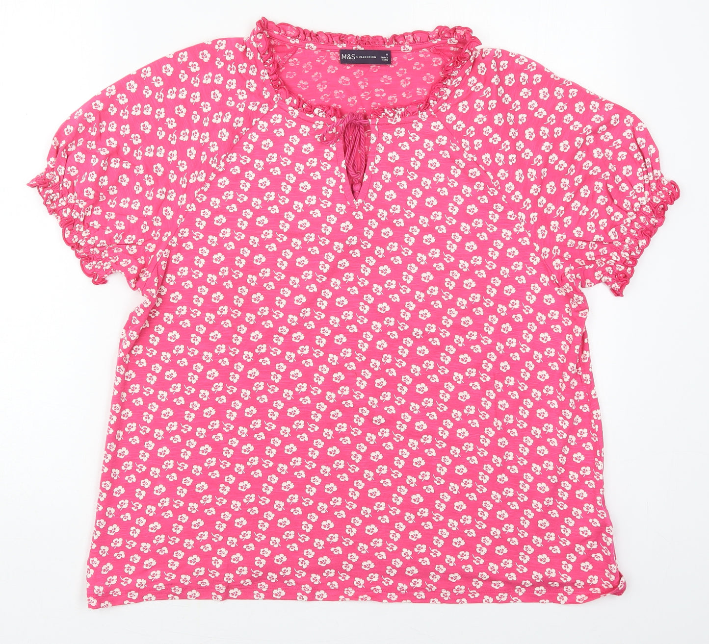 Marks and Spencer Womens Pink Floral Viscose Basic T-Shirt Size 16 Round Neck