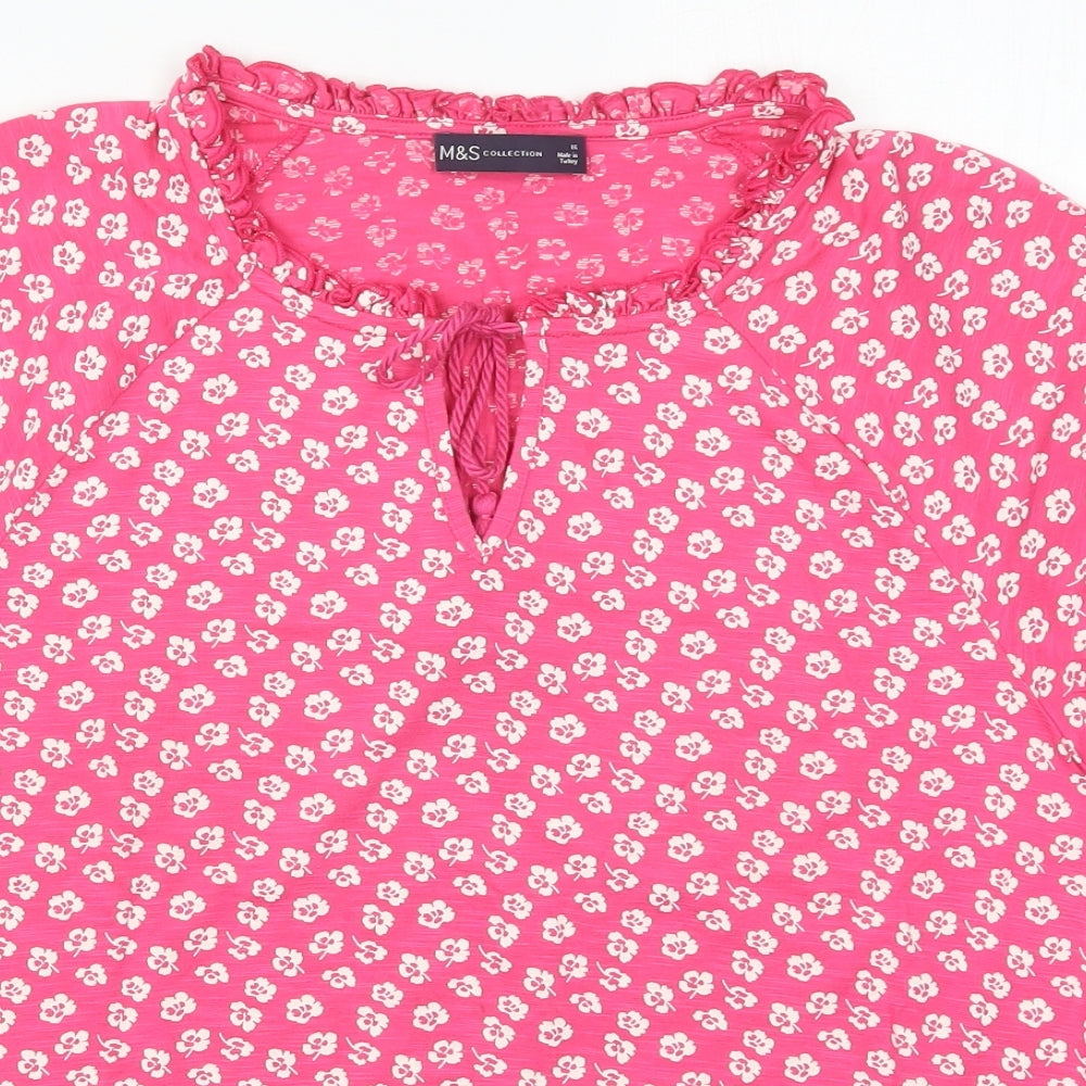 Marks and Spencer Womens Pink Floral Viscose Basic T-Shirt Size 16 Round Neck