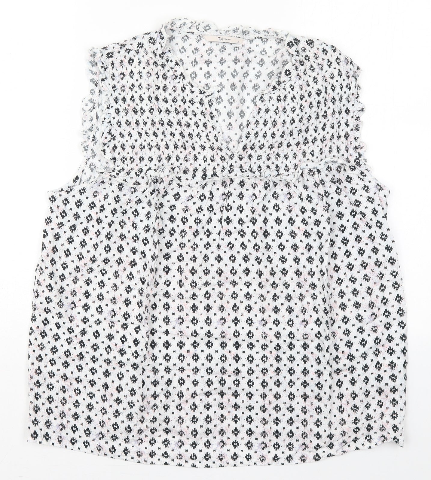 TU Womens White Geometric Viscose Basic Blouse Size 14 V-Neck - Black and White