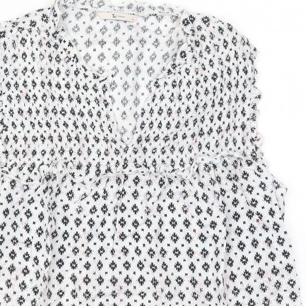 TU Womens White Geometric Viscose Basic Blouse Size 14 V-Neck - Black and White