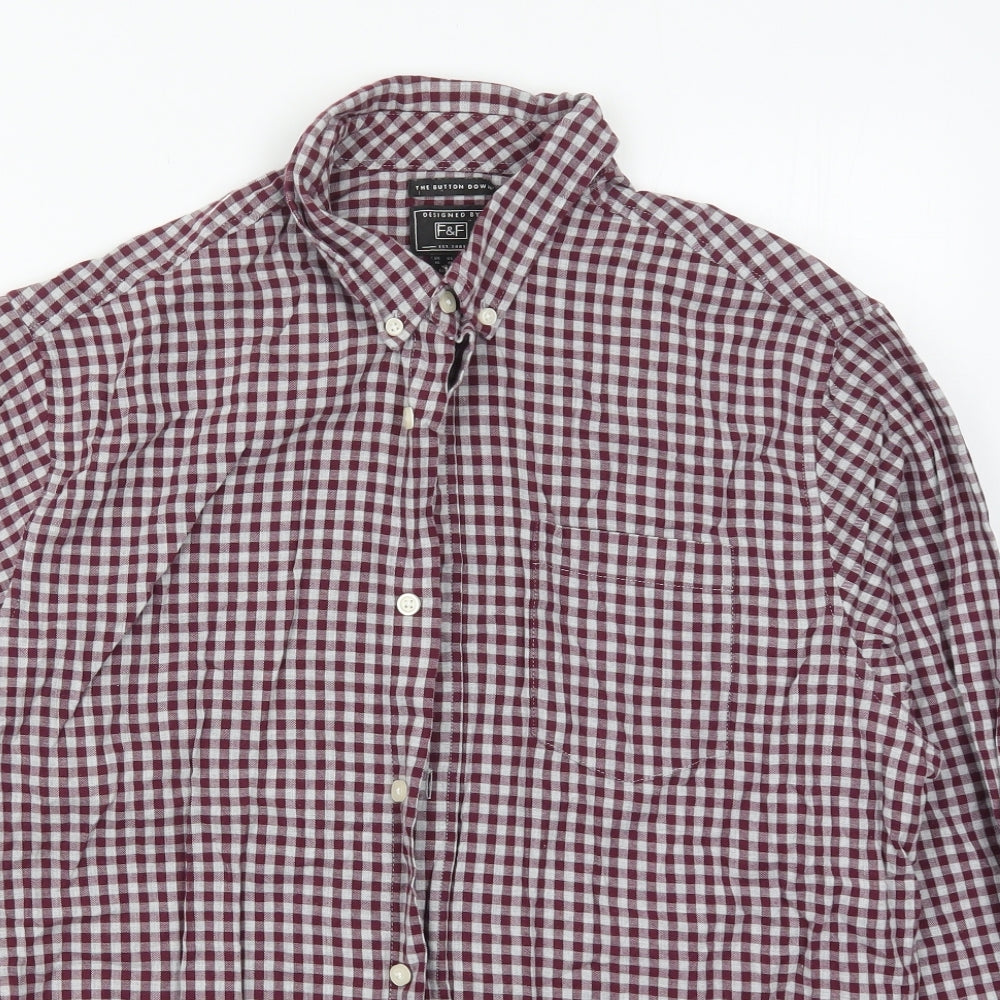 F&F Mens Purple Check Cotton  Button-Up Size XL Collared Button