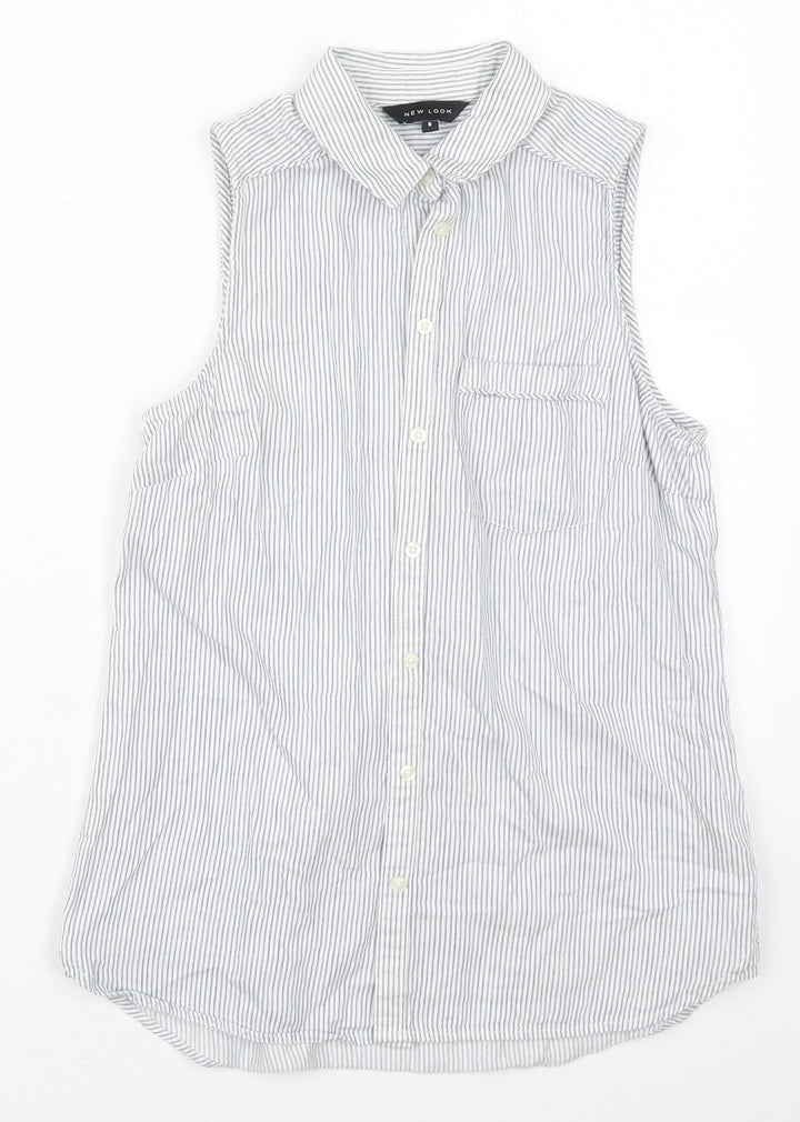 New Look Womens Blue Striped Cotton Basic Button-Up Size 8 Collared