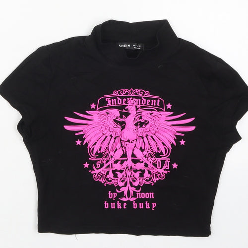 SheIn Womens Black  Cotton Cropped T-Shirt Size S Mock Neck - Bird