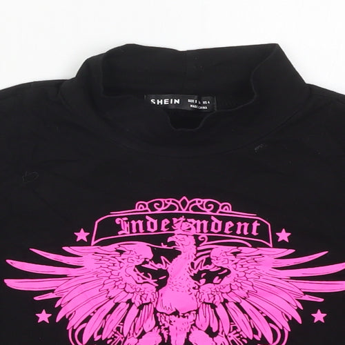 SheIn Womens Black  Cotton Cropped T-Shirt Size S Mock Neck - Bird