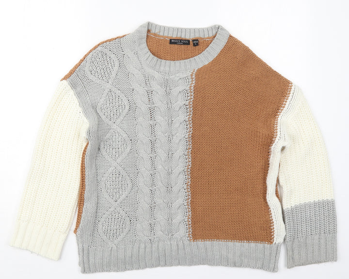 Brave Soul Womens Brown Round Neck Acrylic Pullover Jumper Size S - Grey