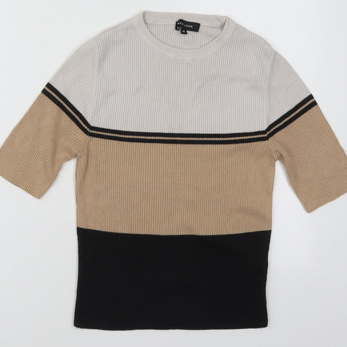 New Look Womens Beige Crew Neck Striped Cotton Pullover Jumper Size 10