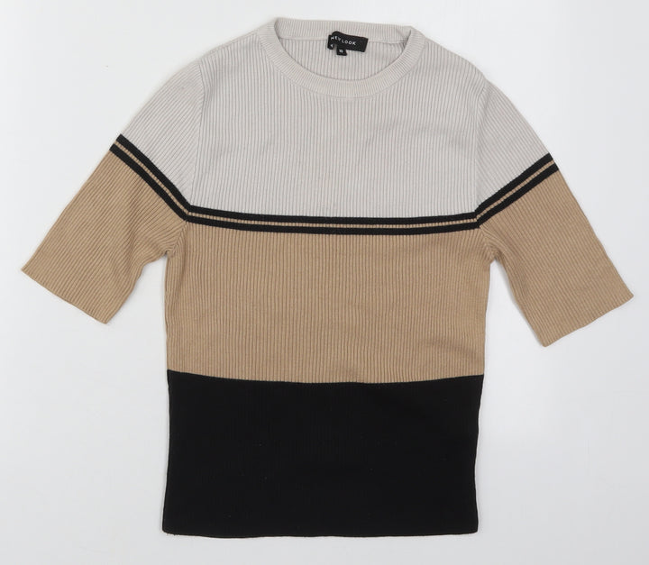 New Look Womens Beige Crew Neck Striped Cotton Pullover Jumper Size 10
