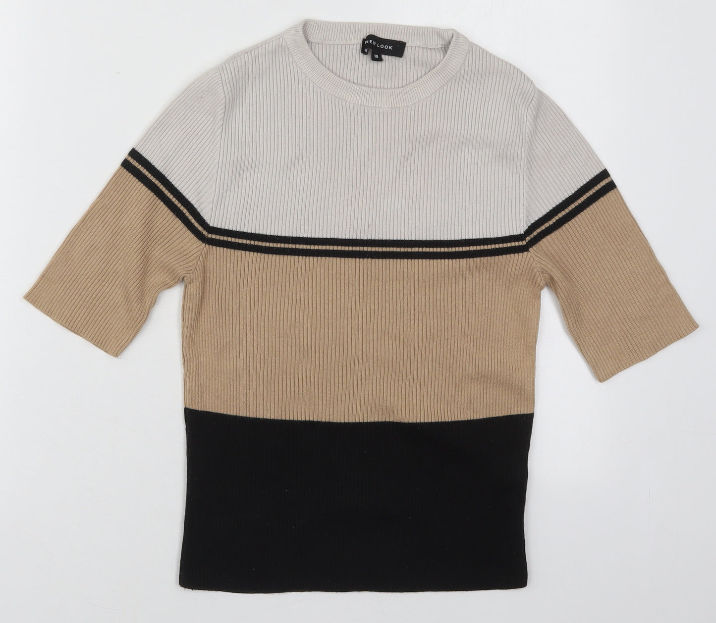 New Look Womens Beige Crew Neck Striped Cotton Pullover Jumper Size 10