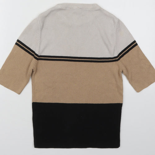 New Look Womens Beige Crew Neck Striped Cotton Pullover Jumper Size 10