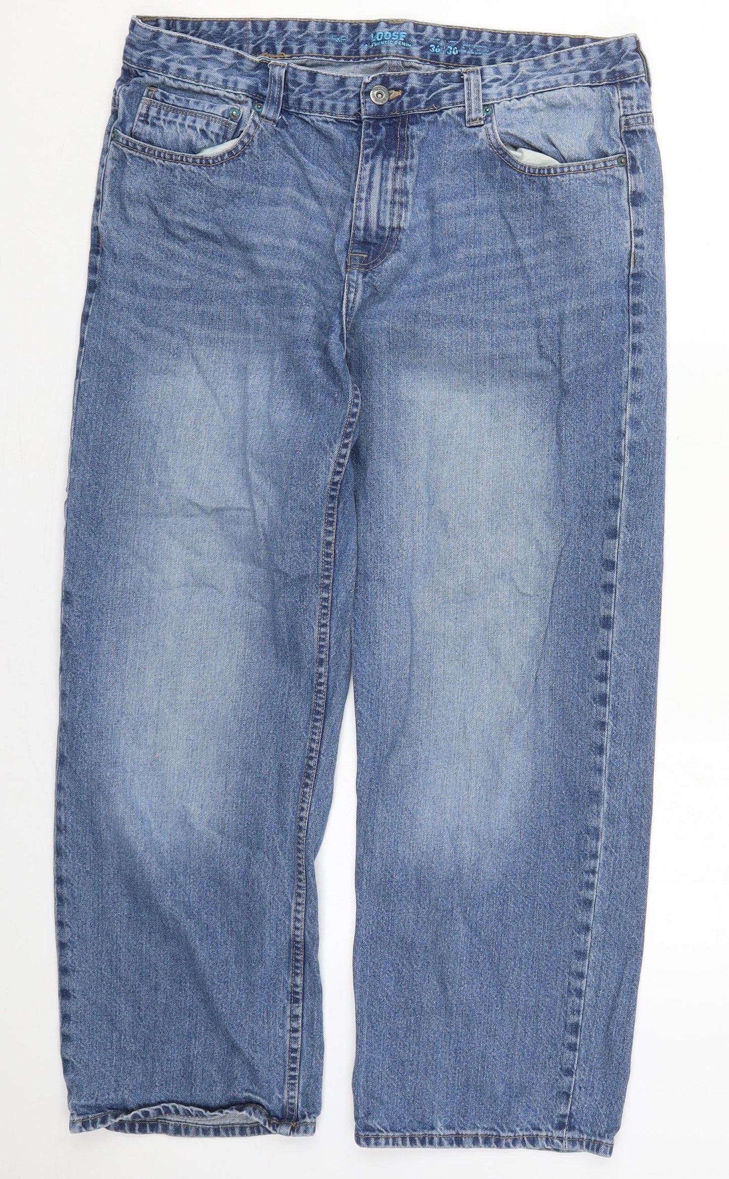 F&F Mens Blue  Cotton Wide-Leg Jeans Size 36 L30 in Regular Button