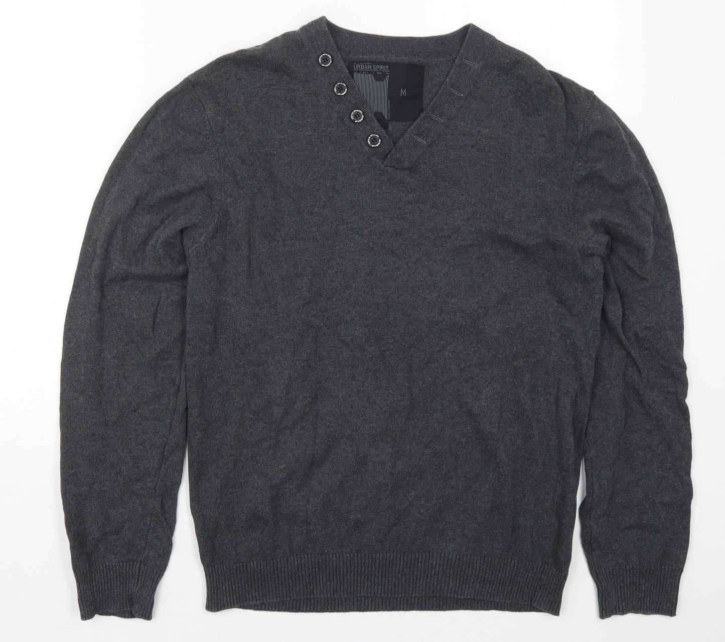 Urban Spirit Mens Grey V-Neck  Cotton Pullover Jumper Size M