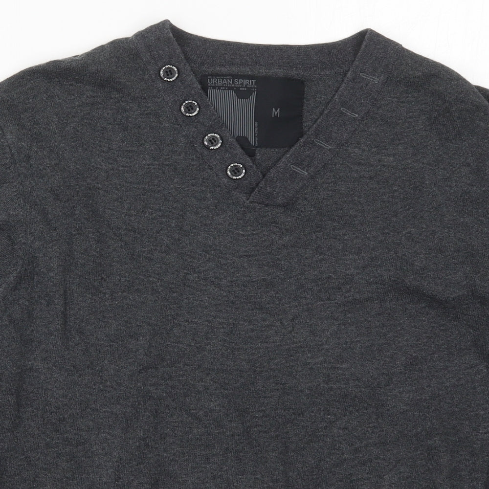 Urban Spirit Mens Grey V-Neck  Cotton Pullover Jumper Size M