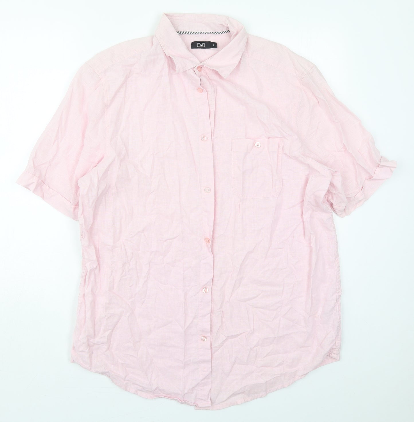 F&F Mens Pink  Linen  Button-Up Size L Collared Button