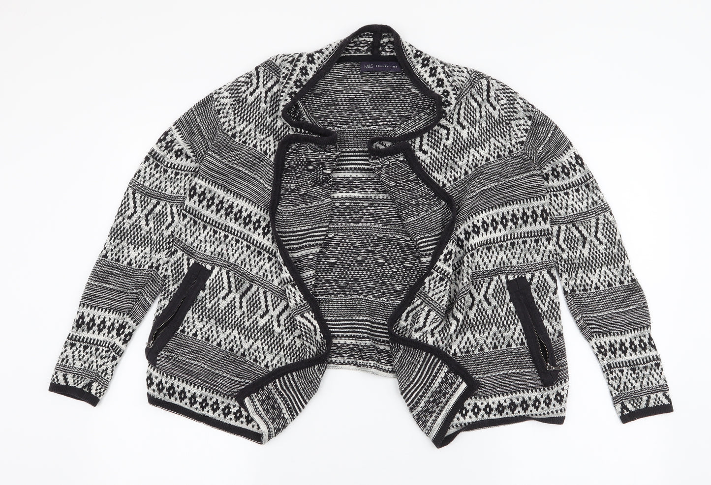 Marks and Spencer Womens Black Collared Geometric Cotton Cardigan Jumper Size 8   - Waterfall