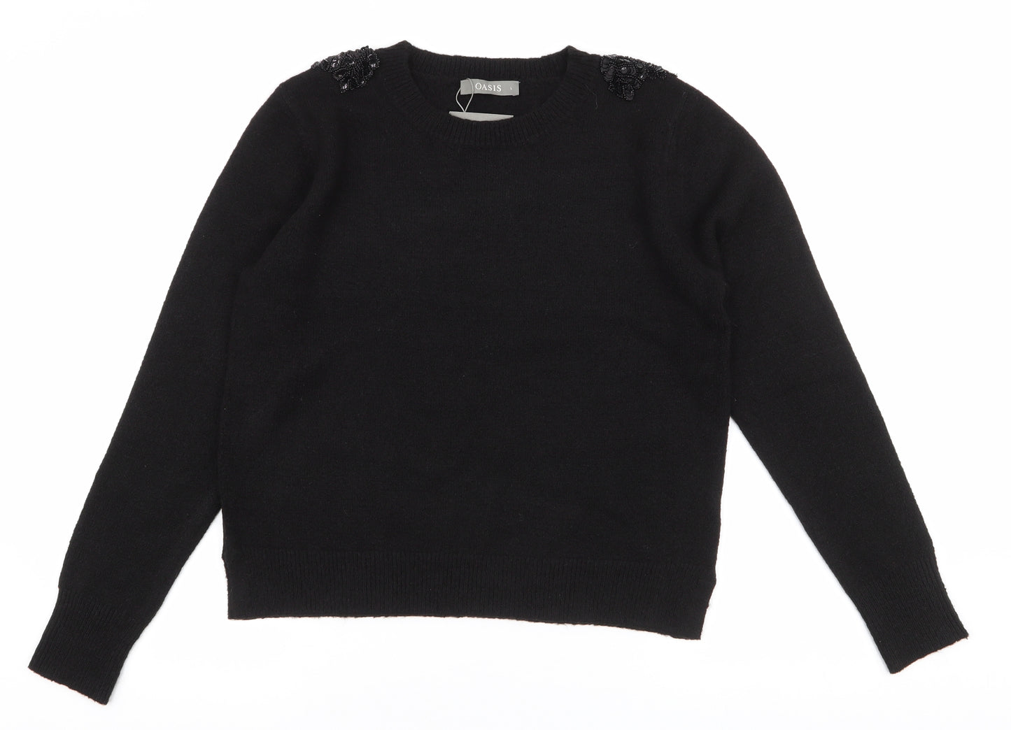 Oasis Womens Black Round Neck  Acrylic Pullover Jumper Size L