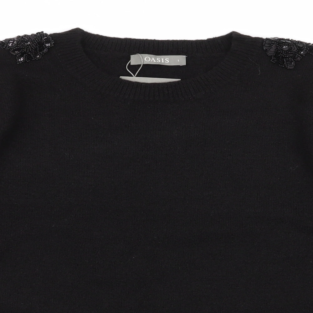 Oasis Womens Black Round Neck  Acrylic Pullover Jumper Size L