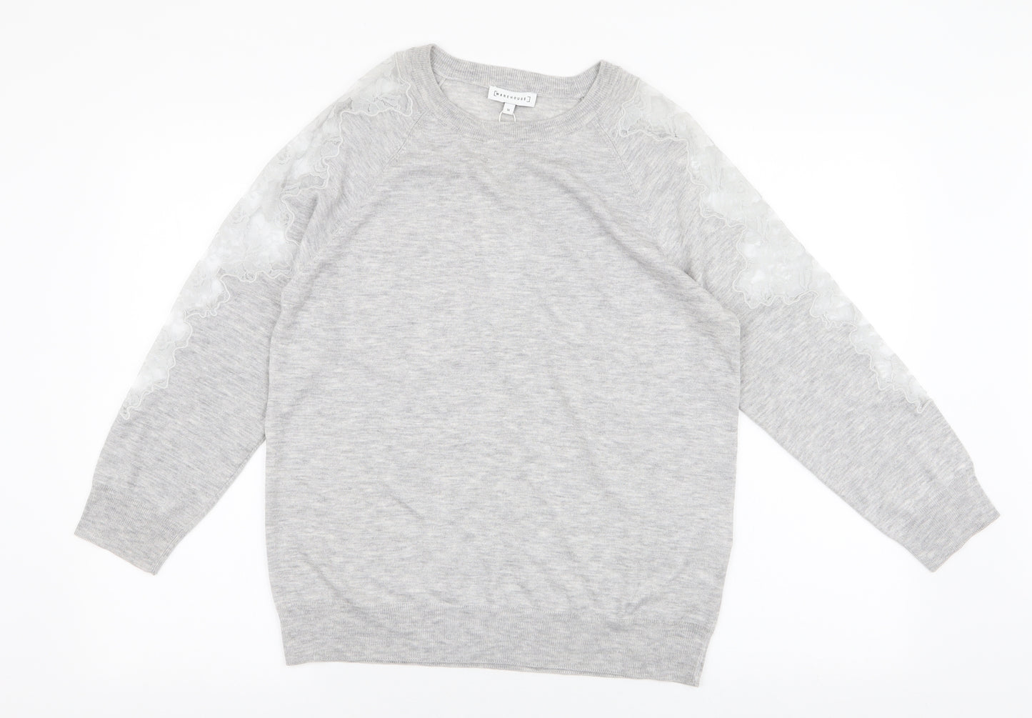 Warehouse Womens Grey Round Neck  Viscose Pullover Jumper Size 16   - Lace on shoulder