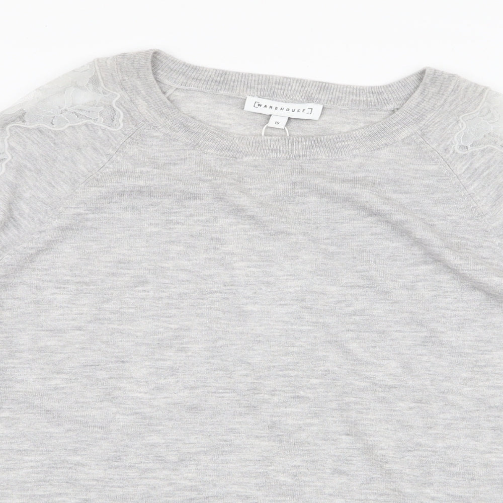 Warehouse Womens Grey Round Neck  Viscose Pullover Jumper Size 16   - Lace on shoulder