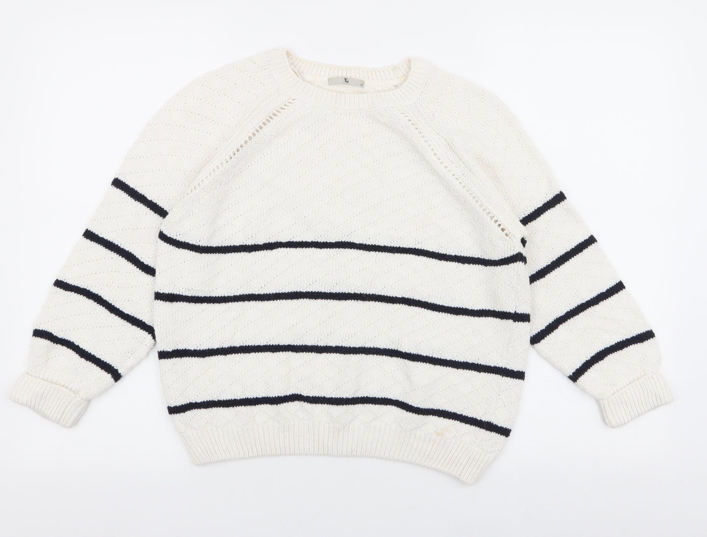 TU Womens White Round Neck Striped Acrylic Pullover Jumper Size 10