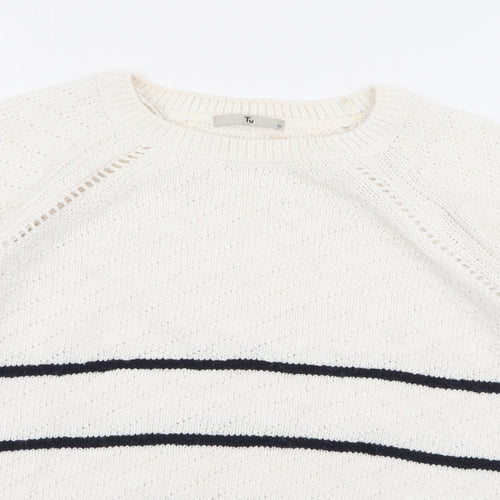 TU Womens White Round Neck Striped Acrylic Pullover Jumper Size 10