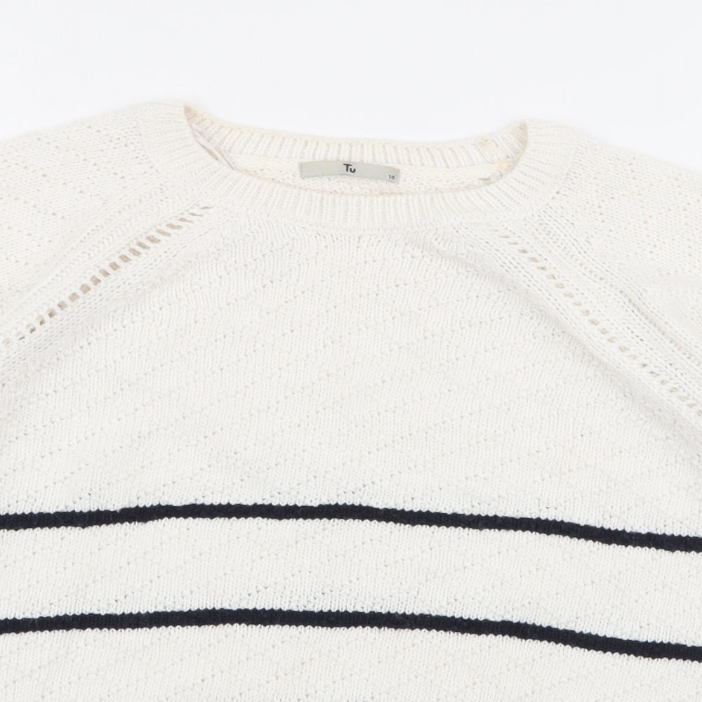 TU Womens White Round Neck Striped Acrylic Pullover Jumper Size 10