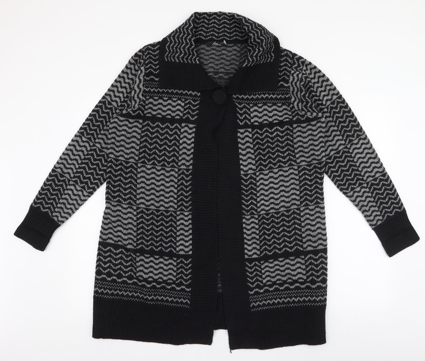 BM Collection Womens Black Collared Geometric Acrylic Cardigan Jumper Size M